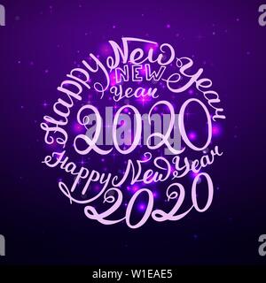 2020 für das neue Jahr. Handschriftliche dekorative Worte. Vector Illustration. Blauen und Violetten glühen Grußkarte Stock Vektor
