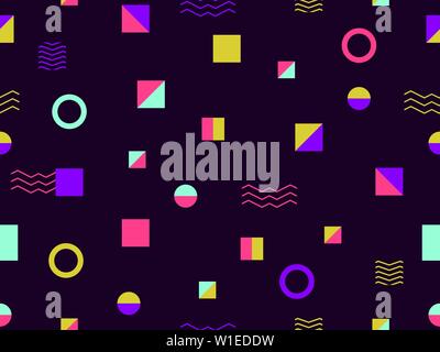 Geometrische nahtlose Muster Stil der 80er Jahre. Dreiecke, Kreise und Punkte. Hintergrund für Verpackung Papier-, Druck-, Textil- und Druckindustrie. Vektor illustra Stock Vektor