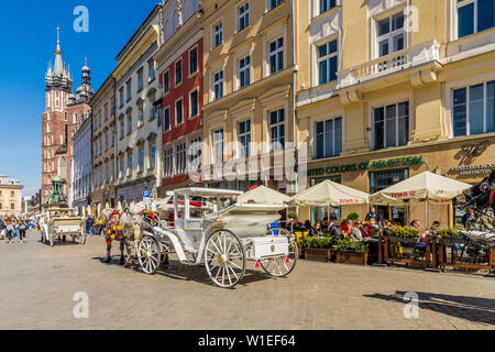 Pferdekutsche in den Hauptplatz Rynek Glowny, in die mittelalterliche Altstadt, Weltkulturerbe der UNESCO, Krakau, Polen, Europa Stockfoto