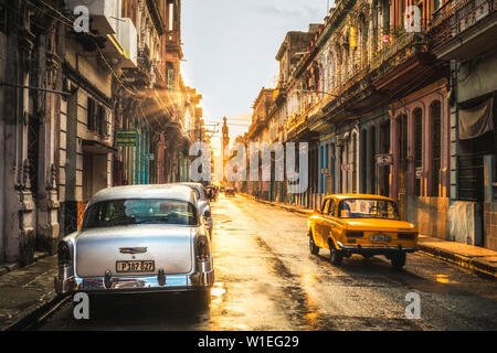 Amerikanische und Russische Oldtimer bei Sonnenuntergang, La Habana (Havanna), Kuba, Karibik, Karibik, Zentral- und Lateinamerika Stockfoto