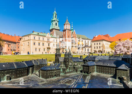 Blick auf Kathedrale auf dem Wawel mit Königsschloss Wawel, UNESCO-Weltkulturerbe, in die mittelalterliche Altstadt, in Krakau, Polen, Europa Stockfoto