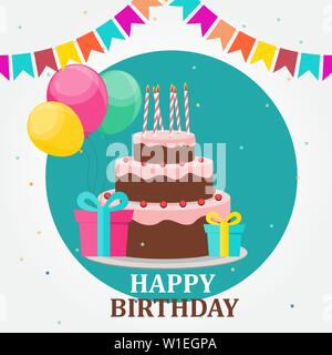 Happy Birthday Card Party Hintergrund mit Kuchen, Luftballons, Geschenkbox und Fahnen. Vector Illustration Stock Vektor