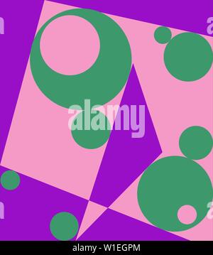 Verschiedene Formen der Abbildung mit dem Kreis, Dreieck, und Polygon in Grün, Lila und rosa Farben. Geometrische Abstraktion mit vielen zufälligen Zahlen. Stockfoto