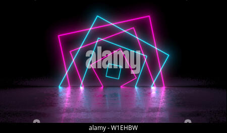 Sci-Fi futuristische Chaotisch abstraktes Farbverlauf Blau Pink Neon leuchtende Rechteck Quadrat auf Reflexion. 3D Rendering illustration Stockfoto