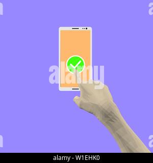 Ein Mann hand drückt einen Finger auf dem Bildschirm "Telefon" mit der Genehmigung. Vector Illustration Stock Vektor