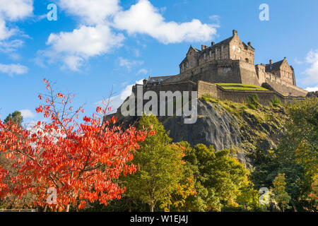 Herbst Laub und das Edinburgh Castle, West Princes Street Gardens, Edinburgh, Schottland, Großbritannien, Europa Stockfoto