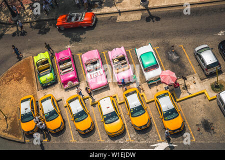 Luftaufnahme von bunten alten amerikanischen Taxi Autos in Havanna, La Habana, Kuba, Karibik, Karibik, Mittelamerika geparkt Stockfoto