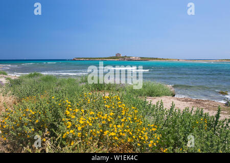 Blick über die Bucht auf die Insel Festung von Capo Passero, Portopalo di Capo Passero, Syrakus (Siracusa), Sizilien, Italien, Europa Stockfoto