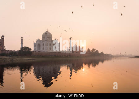 Von einem Boot auf dem Fluss Yamuna hinter dem Taj Mahal bei Sonnenuntergang, UNESCO-Weltkulturerbe, Agra, Uttar Pradesh, Indien, Asien Stockfoto