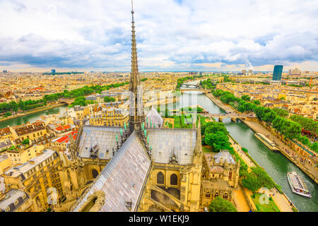 Detail der Turm der Kathedrale Notre Dame (Unsere Liebe Frau von Paris) mit Statuen und die Skyline der Stadt, Paris, Frankreich, Europa Stockfoto