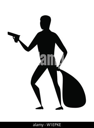 Schwarze silhouette Dieb während Raub holding Tasche in der einen Hand und Pistole in der anderen Hand Cartoon Character Design flachbild Vector Illustration. Stock Vektor