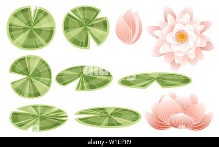 Satz von Lily lotus Teile flach Vector Illustration auf weißem Hintergrund. Stock Vektor