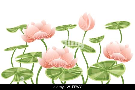 Seerose Lotus rosa Blüte mit grünen Blättern flachbild Vector Illustration auf weißem Hintergrund. Stock Vektor