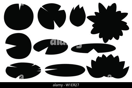 Schwarze Silhouette von Lily lotus Teile flach Vector Illustration auf weißem Hintergrund Stock Vektor