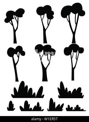 Schwarze silhouette Satz flacher Bäume und Büsche flachbild Vector Illustration auf weißem Hintergrund. Stock Vektor