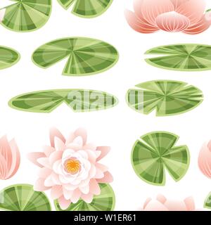 Nahtlose Muster Satz von Lily lotus Teile flach Vector Illustration auf weißem Hintergrund. Stock Vektor