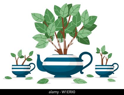 Blau Keramik Teekanne und zwei Becher mit Tee Bush, der es flach Vector Illustration auf weißem Hintergrund. Stock Vektor