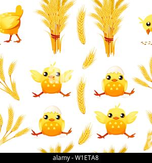 Nahtlose Muster Stack von Weizen und glücklichen kleinen Küken Cartoon Character Design flachbild Vector Illustration auf weißem Hintergrund. Stock Vektor