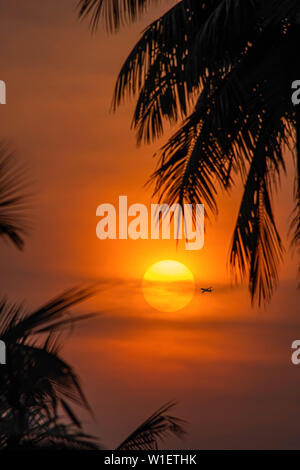 Das goldene Licht der Sonne und Wolken im Himmel mit der Schatten des Flugzeugs. Stockfoto