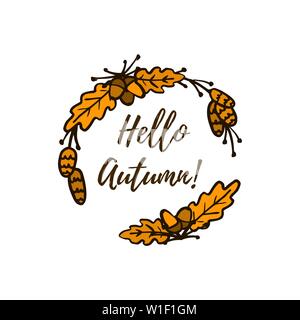 Blätter im Herbst runden Rahmen mit den Worten Hello Herbst Vektor Hand zeichnen Hintergrund für Grußkarten, Web Banner Vorlage für Vertrieb und Danksagung Stock Vektor