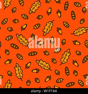 Hand zeichnen Herbst Eichenlaub Eicheln und Tannenzapfen Muster. Vektor endlose Hintergrund von Orange und Braune Blätter fallen. Vorlage für den Druck auf Stoff Geschenkpapier Wallpaper Postkarten und Webseiten Stock Vektor