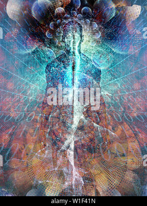 Zukünftige Menschen. Geist entsteht aus den digitalen Raum. Seele oder Aura und Binärcode Stockfoto