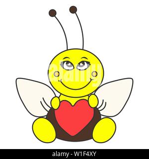 Happy bee sitzt Umarmung mit Herz. Farbe der Zeichnung. Vector Illustration Stock Vektor