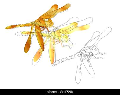 Cartoon happy Dragonfly rot grün und Neon Licht. Libelle mit offenen Flügeln auf bunten verschwommenen Hintergrund. Stock Vektor