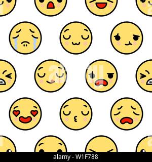 Nahtlose Muster mit niedlichen Kawaii emoji Gesichter. Vektor Cartoon Illustration Stock Vektor