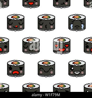 Nahtlose Muster mit niedlichen Kawaii emoji Sushi. Vektor Cartoon Illustration Stock Vektor