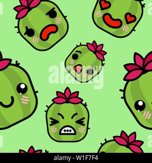 Nahtlose Muster mit niedlichen Kawaii emoji Kakteen. Vektor Cartoon Illustration Stock Vektor