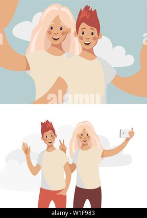 Zwei junge Mädchen Freunde ein Foto mit einem Smartphone. Eine selfie. Freundschaft Konzept. Vector Illustration im Cartoon Stil. Stock Vektor