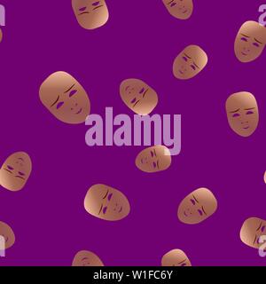 Nahtlose Muster des theatralischen Maske mit niedlichen Emotion. Vector Illustration. Bronze Maske mit Farbverlauf auf lila Hintergrund. Stock Vektor