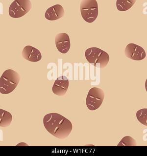 Nahtlose Muster des theatralischen Maske mit schmerzhaften Emotionen. Vector Illustration. Bronze Maske mit Farbverlauf auf beigem Hintergrund. Stock Vektor