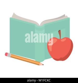 Buchen Sie Öffnen mit Apfel Obst und Bleistift Stock Vektor