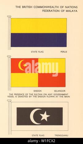 MALAYSIA. Föderation von Malaya. Staatsflagge Perlis Trengganu Ensign Selangor 1955 Stockfoto