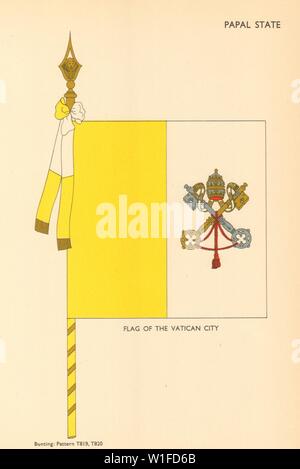 Vatikanische Flaggen. Kirchenstaat. Flagge der Vatikanstadt 1955 alte Vintage Print Stockfoto