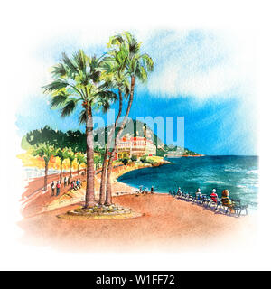 Aquarell Skizze der Promenade des Anglais im sonnigen Sommer Tag mit blauem Himmel, Nice, French Riviera, Cote d'Azur, Frankreich Stockfoto