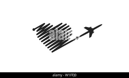 Flugzeug und seine Spur in der Form eines Herzens auf weißem Hintergrund. Vector Illustration. Flugzeuge Flug weg und Ihre Route Stock Vektor