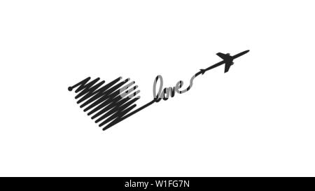 Flugzeug und seine Spur in der Form eines Herzens und text Liebe auf weißem Hintergrund. Vector Illustration. Flugzeuge Flug weg und Ihre Route Stock Vektor