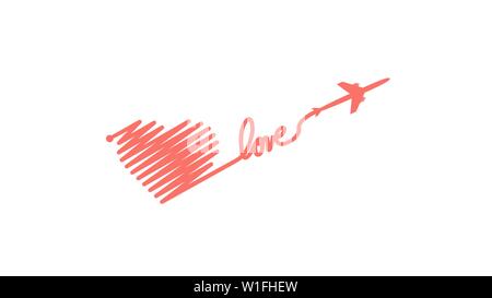 Flugzeug und seine Spur in der Form eines Herzens und text Liebe auf weißem Hintergrund. Vector Illustration. Flugzeuge Flug weg und Ihre Route Stock Vektor