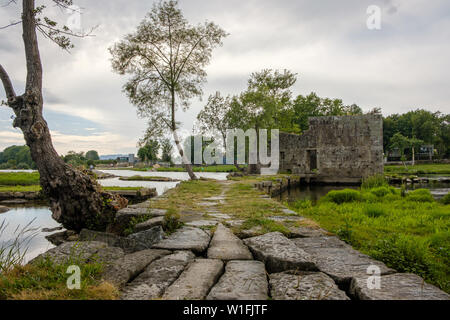 Amares, Portugal - Juni 20, 2019: Ruinen einer Mühle am grünen Ufer des Flusses Cavado in Braga, Portugal Stockfoto