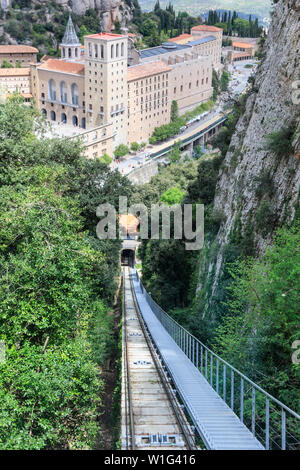 Santa Maria de Montserrat Abtei und Kloster mit Standseilbahn de Sant Joan Straßenbahn, äußere Weitwinkelaufnahme, Barcelona, Spanien Stockfoto