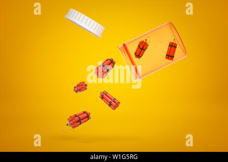 3D-Rendering von TNT Dynamite Sticks fallen aus Kunststoff Pillen jar auf gelbem Hintergrund Stockfoto