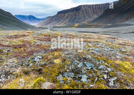 Wandern hinter Longyearbyen in Richtung Gletscher in der arktischen Tundra von Svalbard oder Spitzbergen, Nördliches Norwegen Stockfoto