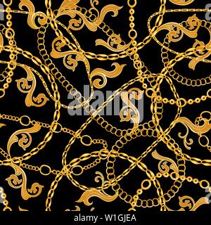 Goldene Ketten Barock Schmuck nahtlose Vektor Muster. Gold Zubehör Kulisse für Mode Kunst Design. Dekorative Trendy Bandanna Schal Stock Vektor