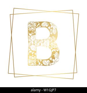 Goldenen und Weißen Blumen Zierpflanzen Alphabet, Anfangsbuchstabe B Font mit modernen stilisierte Frames. Abstrakte Linien Poster. Vektor Typografie Symbol für Gold Hochzeit. Monogramme isolierte Design Stock Vektor