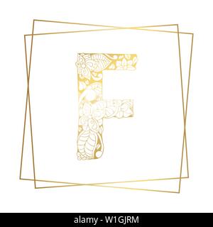 Goldenen und Weißen Blumen Zierpflanzen Alphabet, Anfangsbuchstabe F Font mit modernen stilisierte Frames. Abstrakte Linien Poster. Vektor Typografie Symbol für Gold Hochzeit. Monogramme isolierte Design Stock Vektor