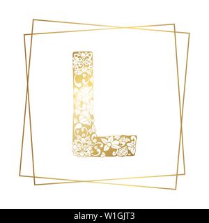 Goldenen und Weißen Blumen Zierpflanzen Alphabet, Anfangsbuchstabe L Font mit modernen stilisierte Frames. Abstrakte Linien Poster. Vektor Typografie Symbol für Gold Hochzeit. Monogramme isolierte Design Stock Vektor