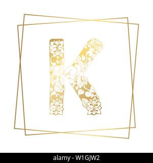 Goldenen und Weißen Blumen Zierpflanzen Alphabet, Anfangsbuchstabe K Font mit modernen stilisierte Frames. Abstrakte Linien Poster. Vektor Typografie Symbol für Gold Hochzeit. Monogramme isolierte Design Stock Vektor